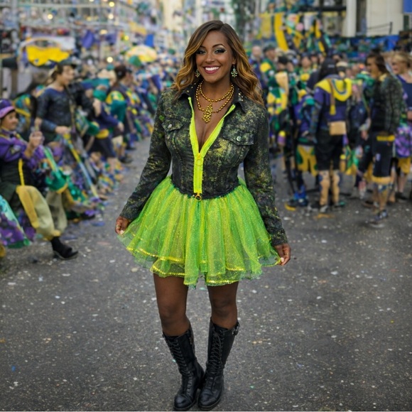 Custom Vibrant Mardi Gras Green and Black Denim American Bazi Jacket, Size: Lg - Picture 3 of 10